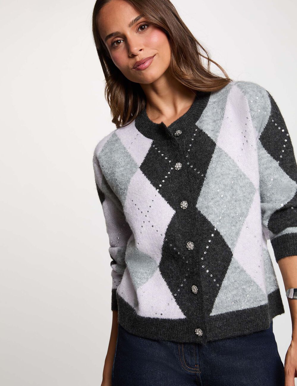 C&aacute;rdigan jacquard con cuello redondo gris moyen mujer