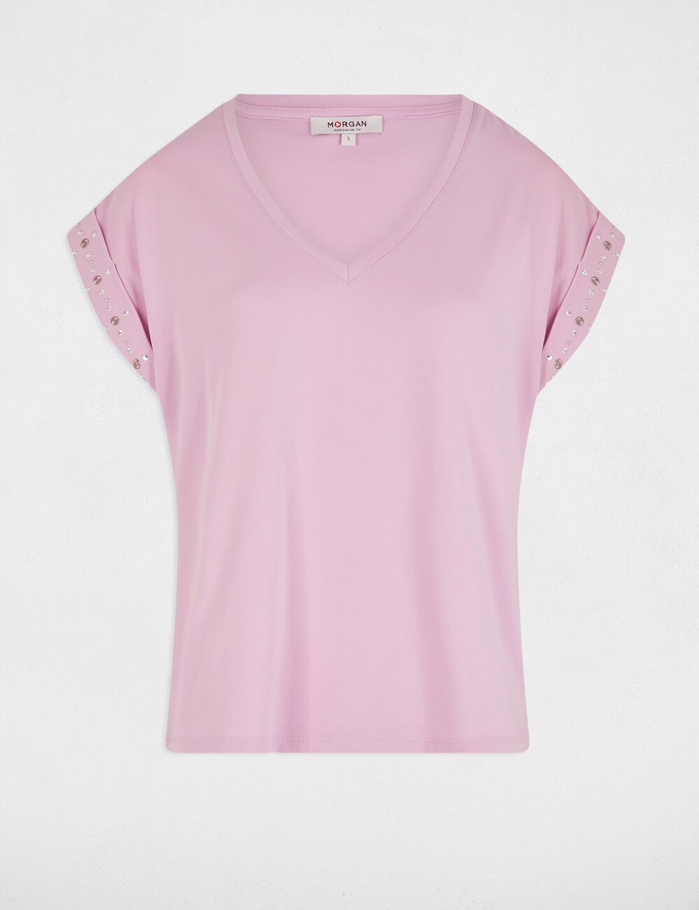 Camiseta manga corta tachuelas rosa pastel mujer