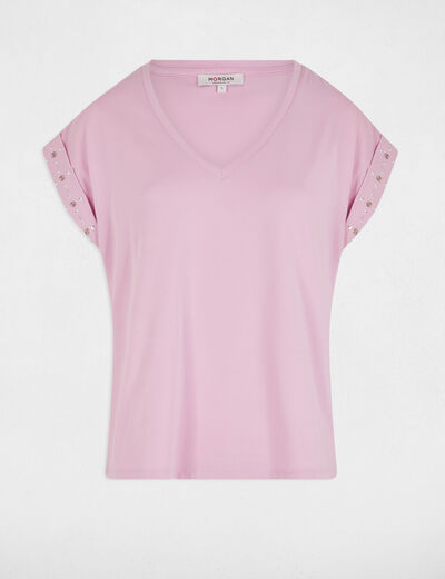 Camiseta manga corta tachuelas rosa pastel mujer