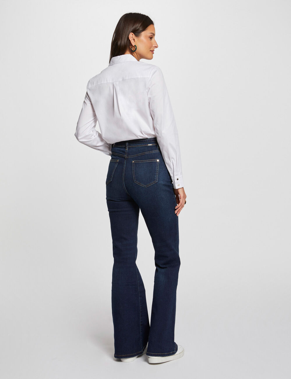 Vaquero flare talle alto denim crudo mujer