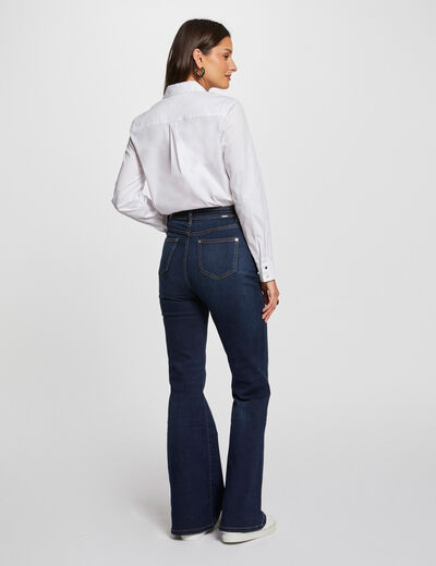 Vaquero flare talle alto denim crudo mujer