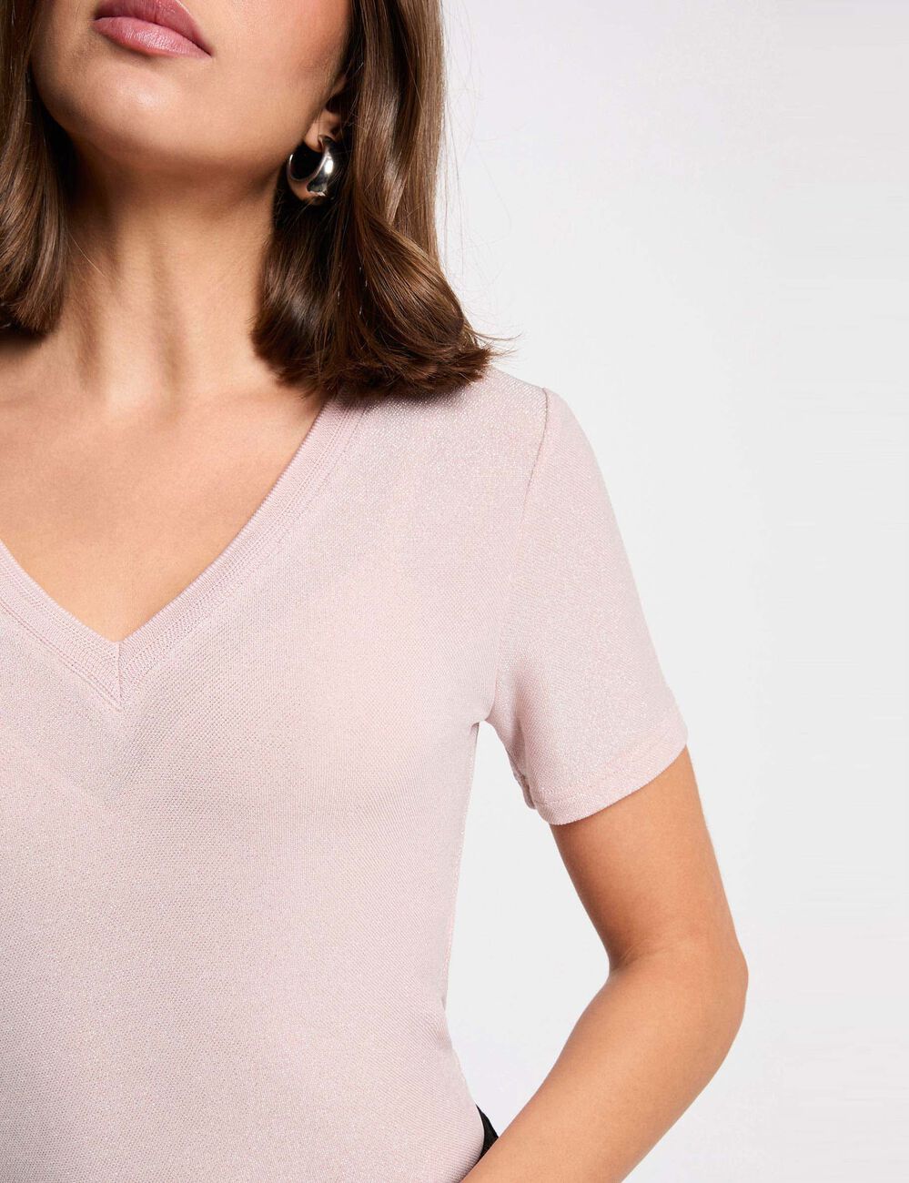 Camiseta manga corta con escote en V rosa claro mujer
