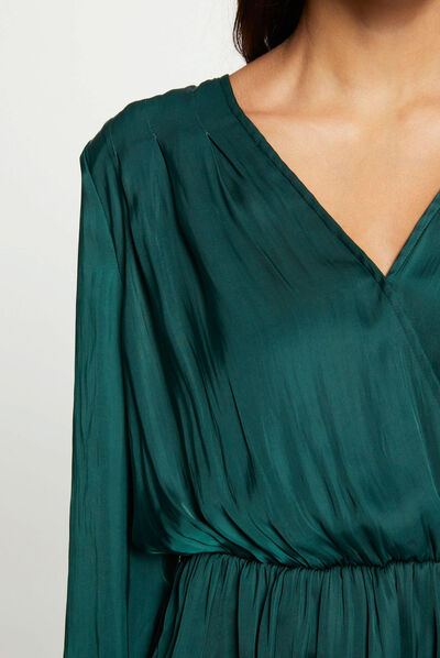Blusa manga larga satinada verde oscuro mujer