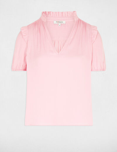 Blusa escote en V y volantes rosa medio mujer