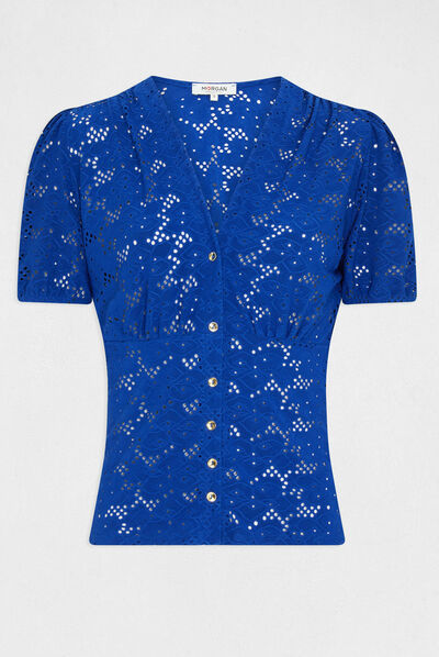 Camiseta manga corta con bordado azul eléctrico mujer