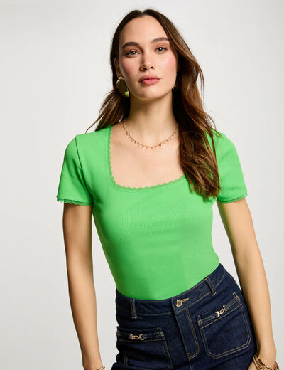 Camiseta acanalada manga corta verde mujer
