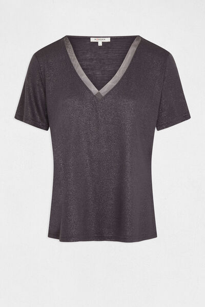 Camiseta manga corta con lentejuelas gris anthracite mujer
