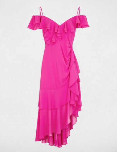 Vestido midi recto volantes rosa frambuesa mujer
