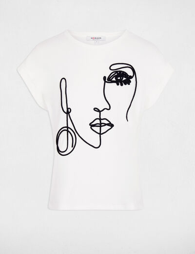 Camiseta bordado rostro blanco mujer