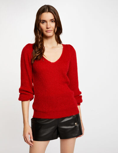 Jersey manga larga con escote en V rojo medio mujer