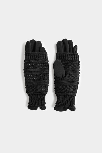 Guantes de punto con strass negro mujer