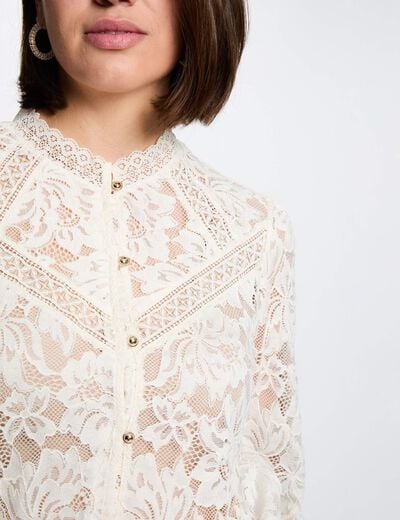 Camiseta encaje cuello alto marfil mujer