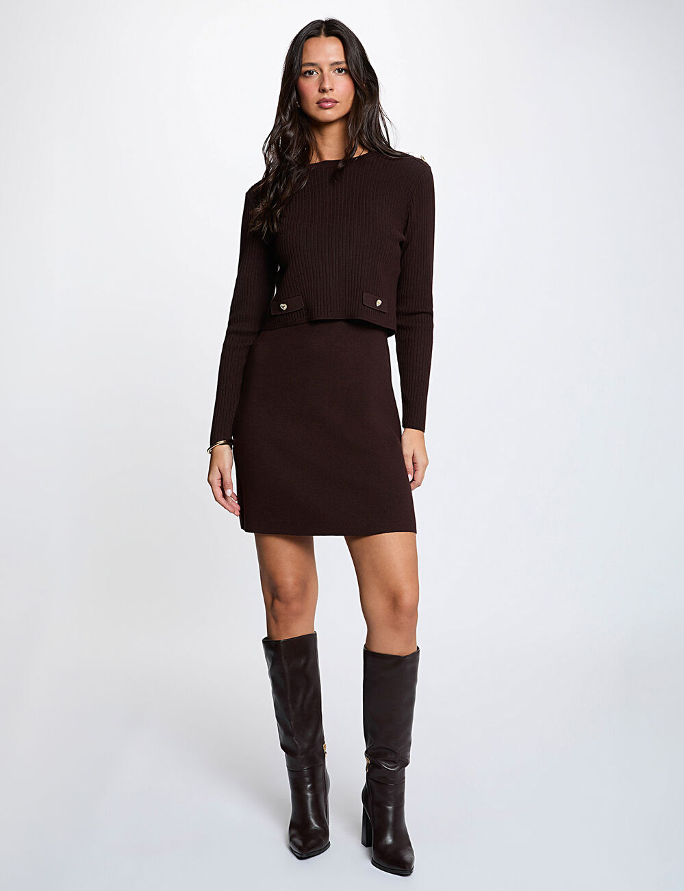 Vestido corto de punto efecto 2 en 1 marr&oacute;n oscuro mujer