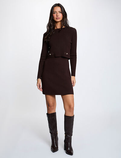 Vestido corto de punto efecto 2 en 1 marr&oacute;n oscuro mujer