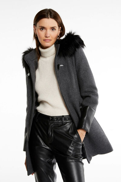 Abrigo recto con cremallera y capucha gris anthracite mujer