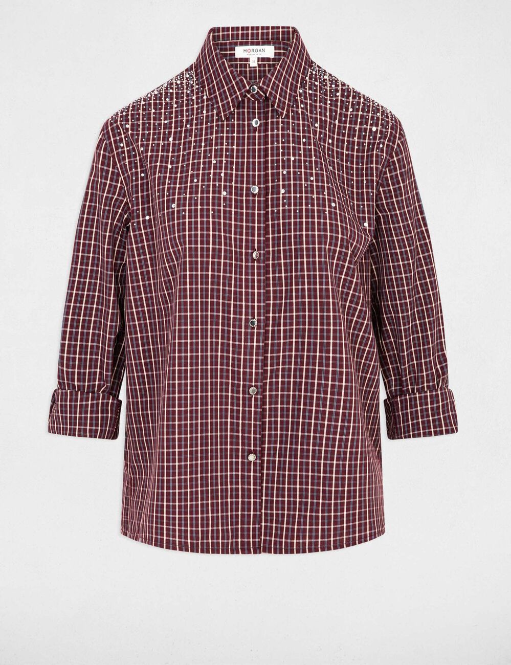 Camisa de cuadros con strass burdeos mujer