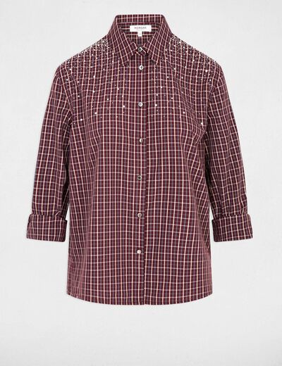 Camisa de cuadros con strass burdeos mujer