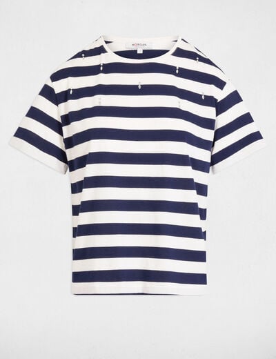 Camiseta manga corta rayada blanco mujer