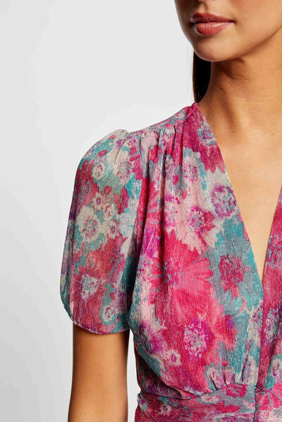 Camiseta manga corta estampado floral rosa mujer