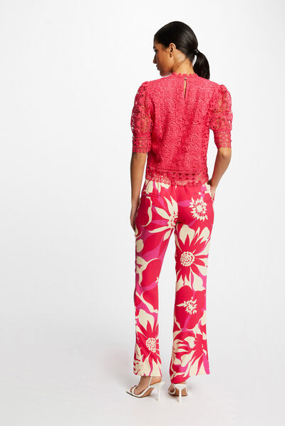 Blusa manga corta con encaje rosa medio mujer