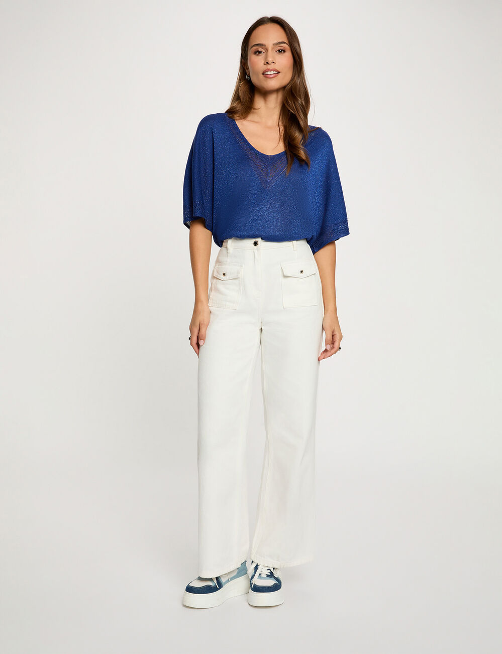 Jersey escote en V manga corta azul marino mujer