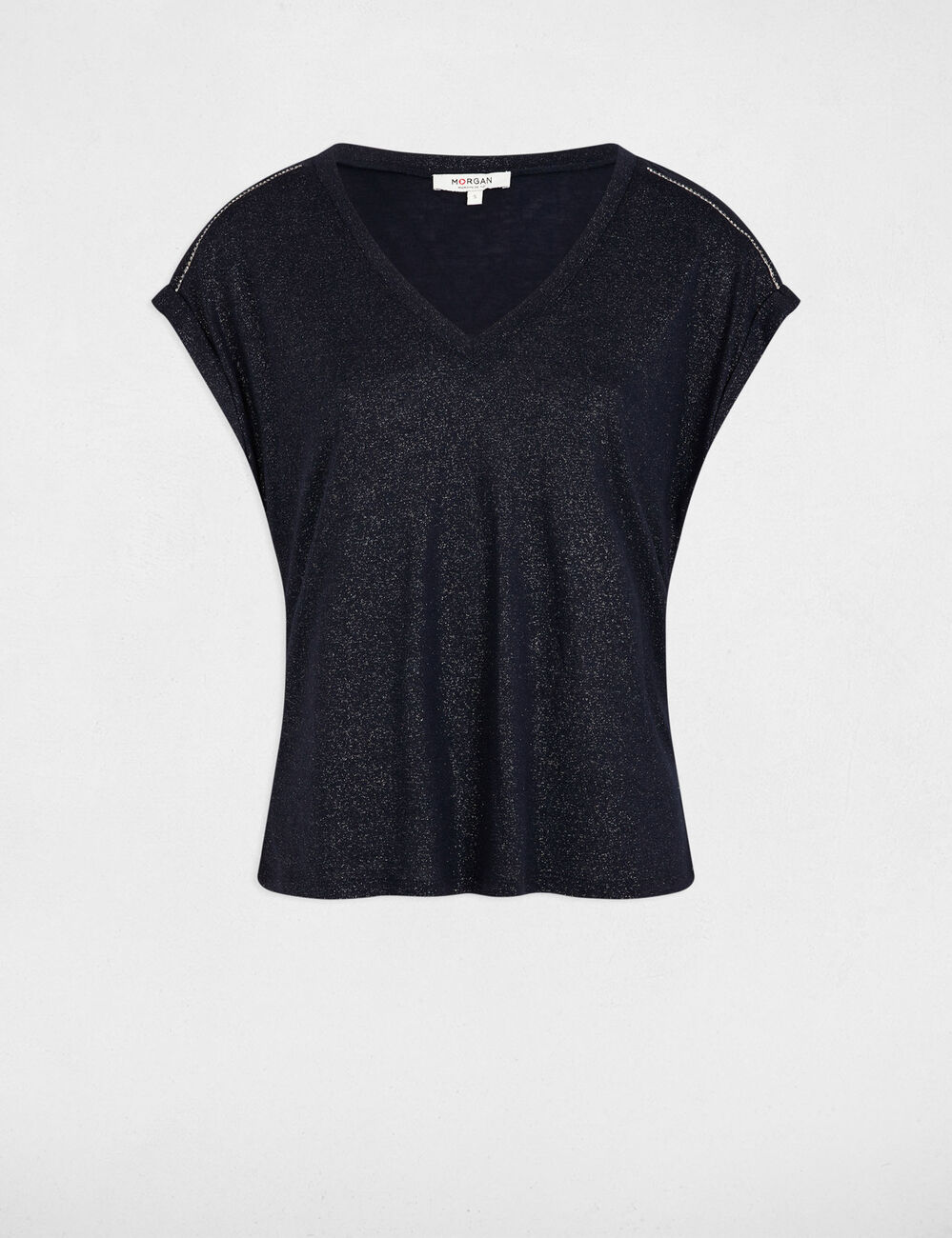 Camiseta manga corta strass azul marino mujer