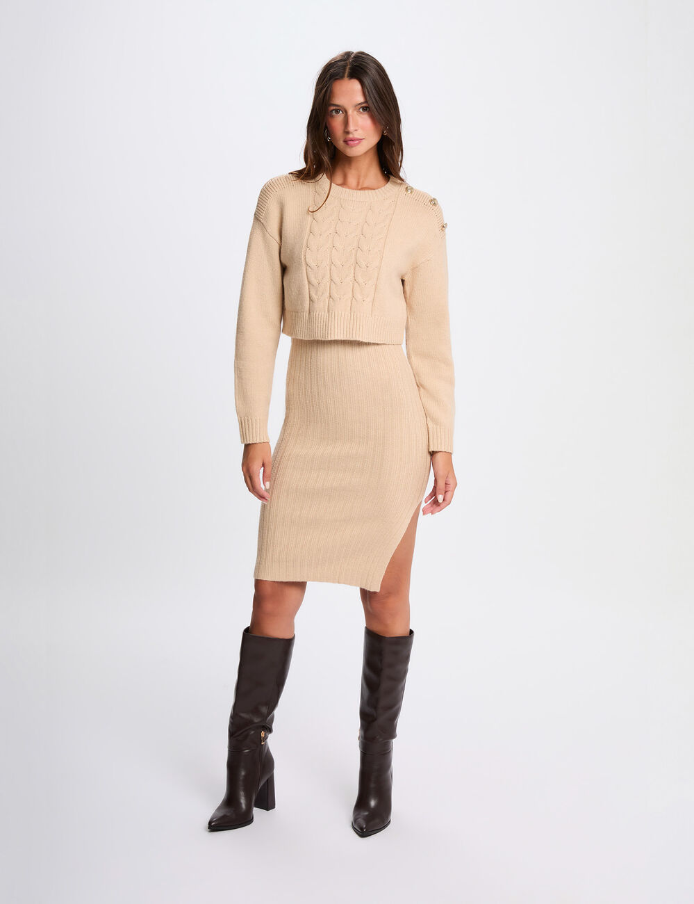 Vestido punto ajustado 2 en 1 beige mujer