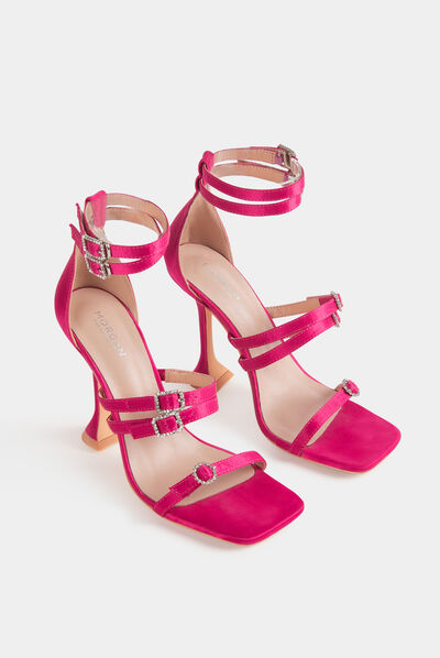 Sandalias de tacón detalles tipo joya rosa mujer