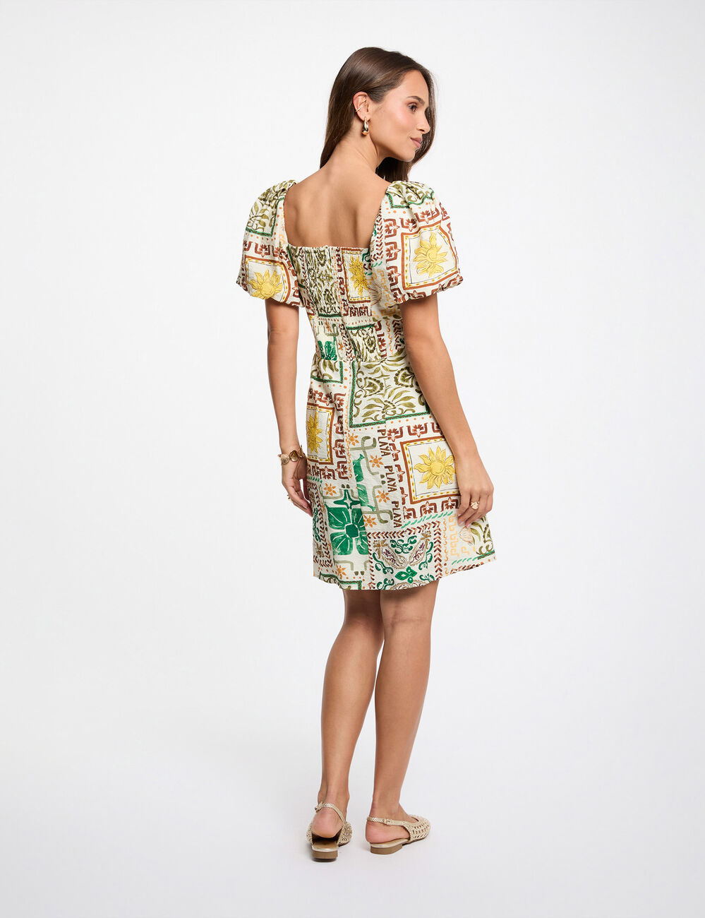 Vestido corto con mangas abullonadas multicolor mujer