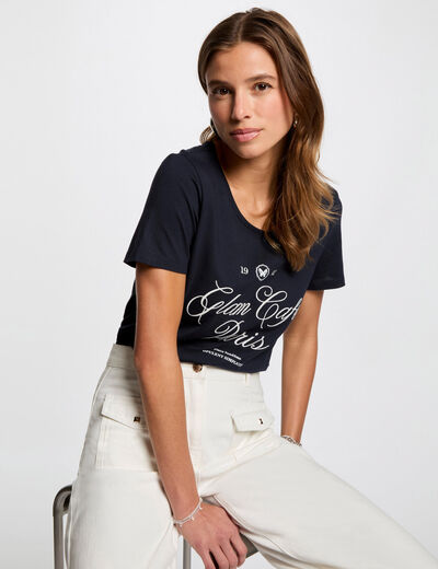 Camiseta con mensaje azul marino mujer