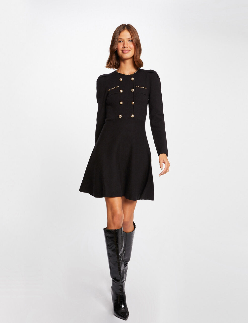 Vestido de punto trapezoidal con botones negro mujer