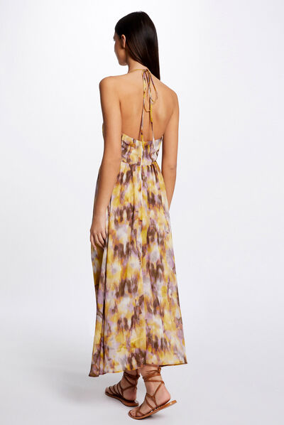 Vestido largo acampanado estampado multicolor mujer