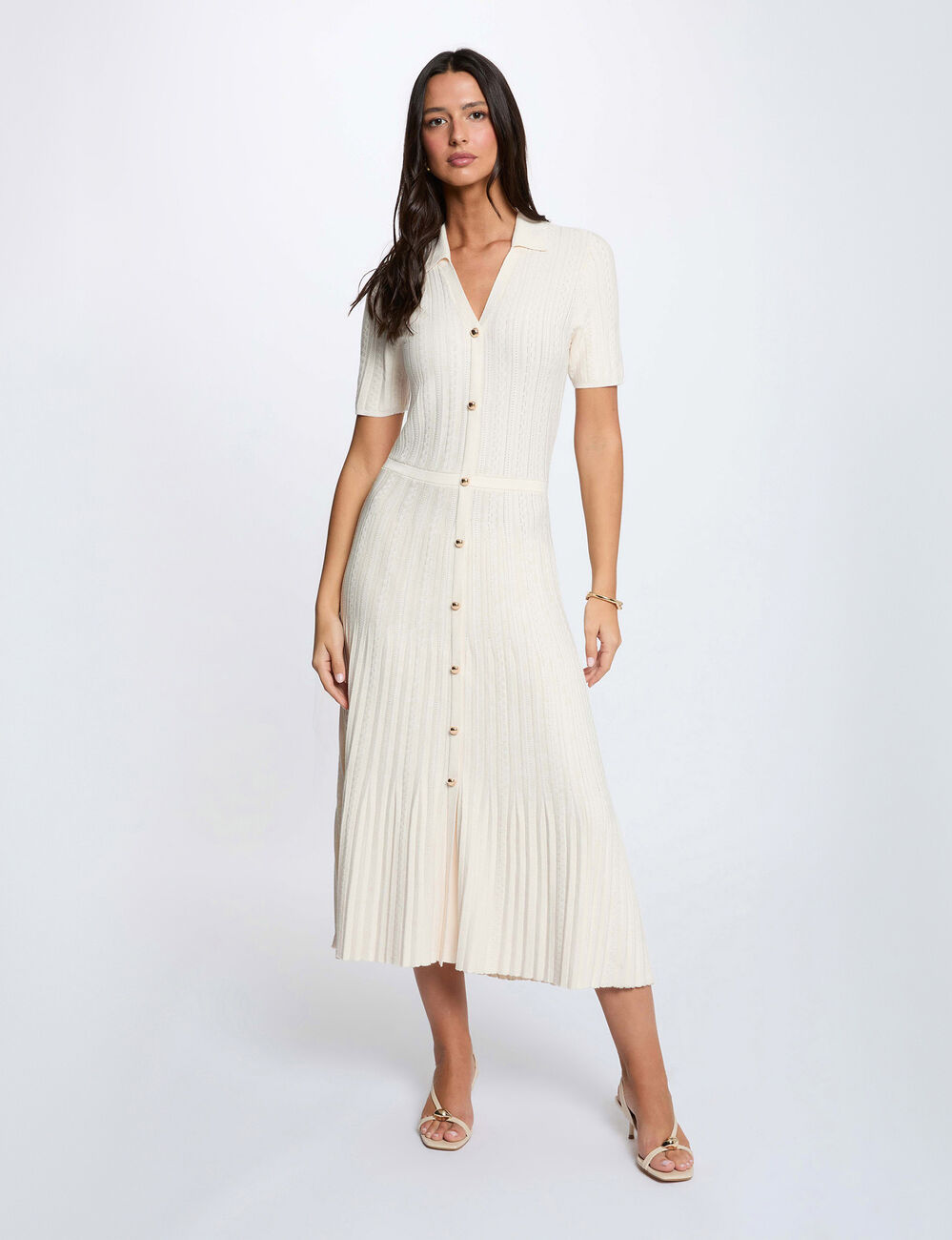 Vestido de punto con cuello vuelto marfil mujer