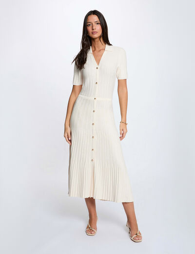 Vestido de punto con cuello vuelto marfil mujer