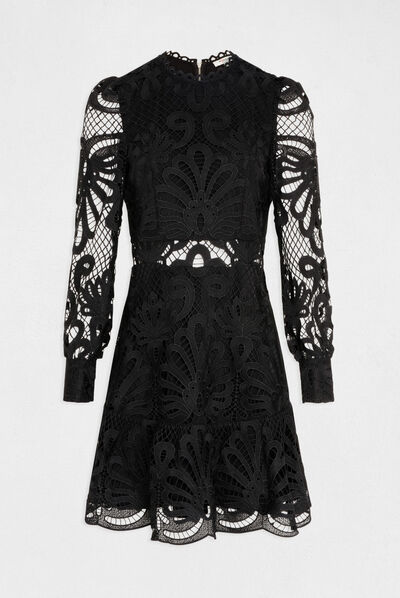 Vestido evasé de encaje con volantes negro mujer