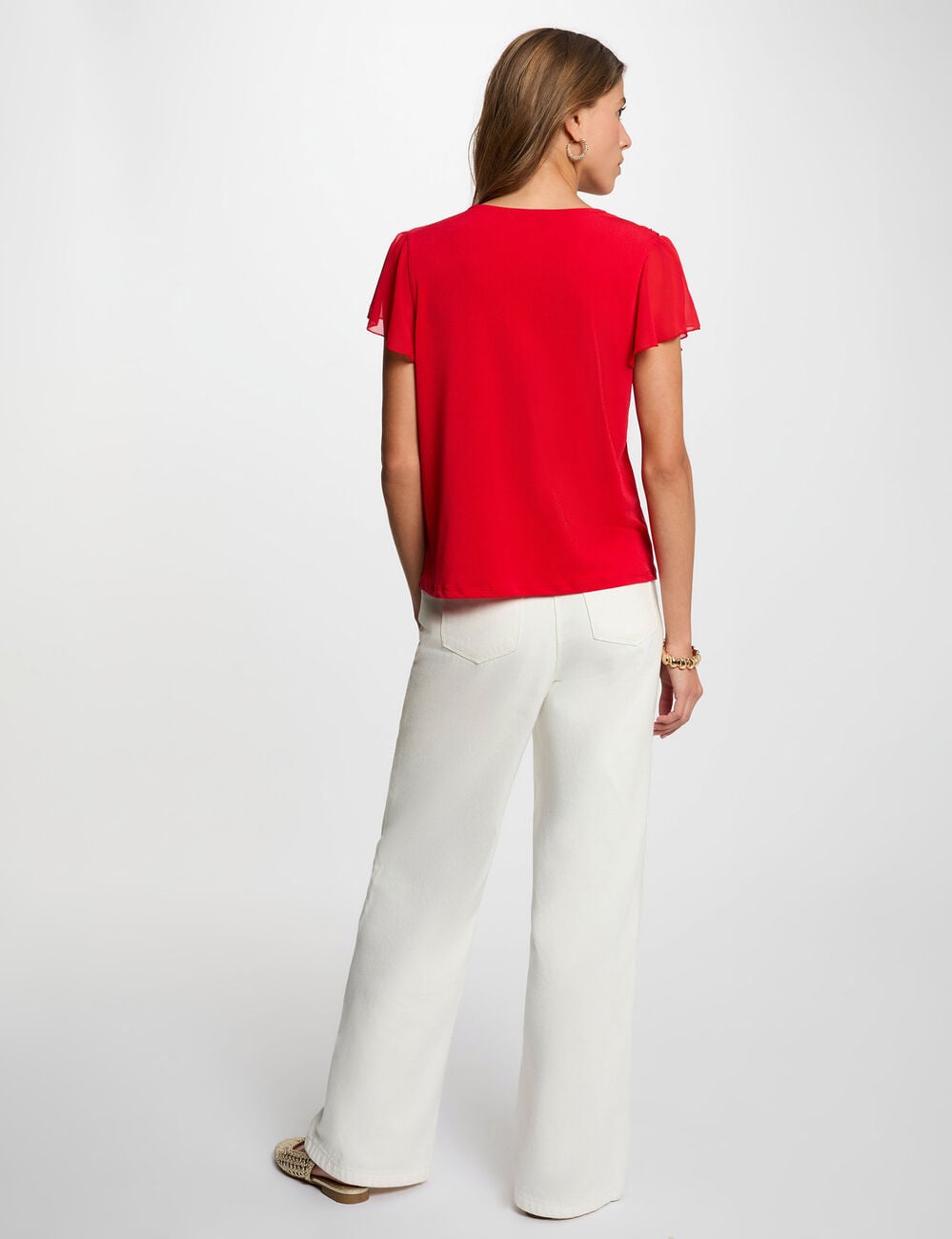 Camiseta con cuello lazada rojo vivo mujer