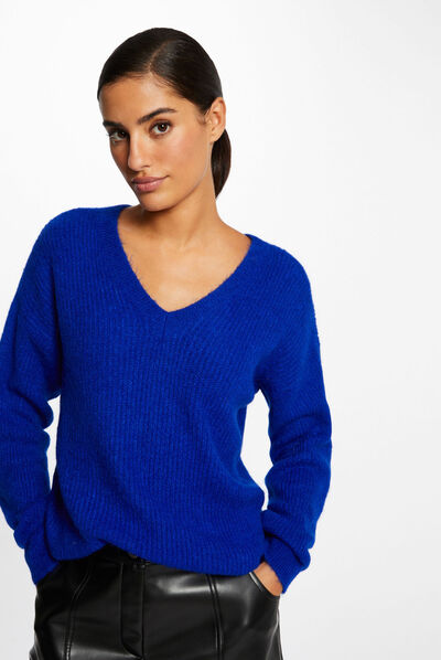 Jersey manga larga con escote en V azul eléctrico mujer