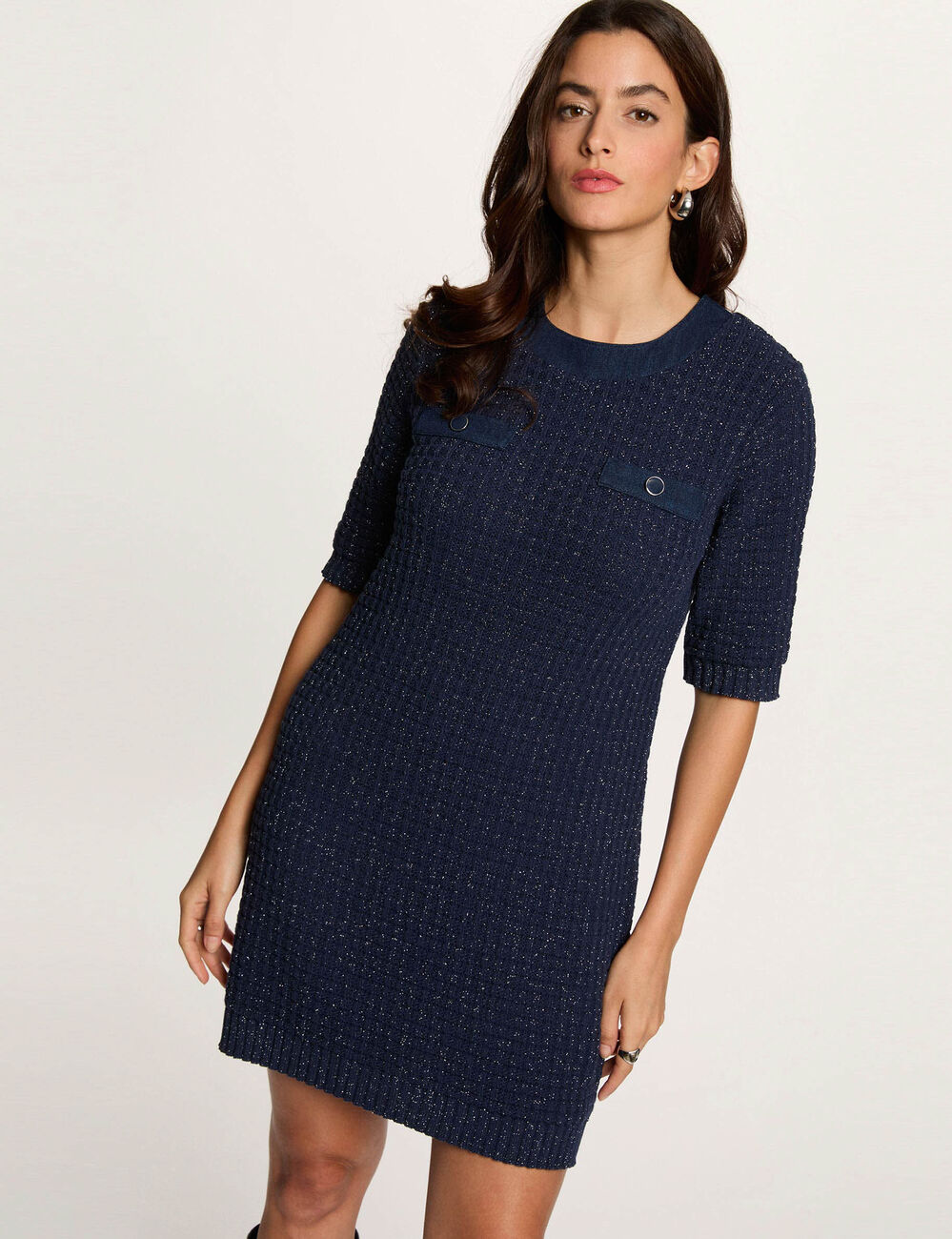 Vestido de punto con cuello redondo azul marino mujer