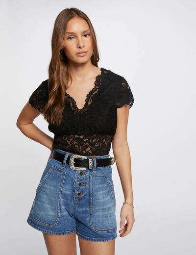 Camiseta encaje y escote en V negro mujer