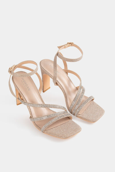 Sandalias de tacón con lentejuelas beige mujer