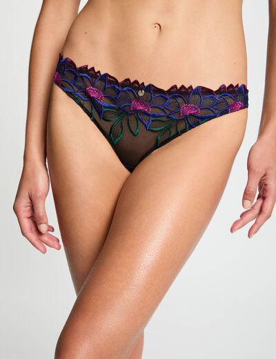 Tanga de encaje negro mujer