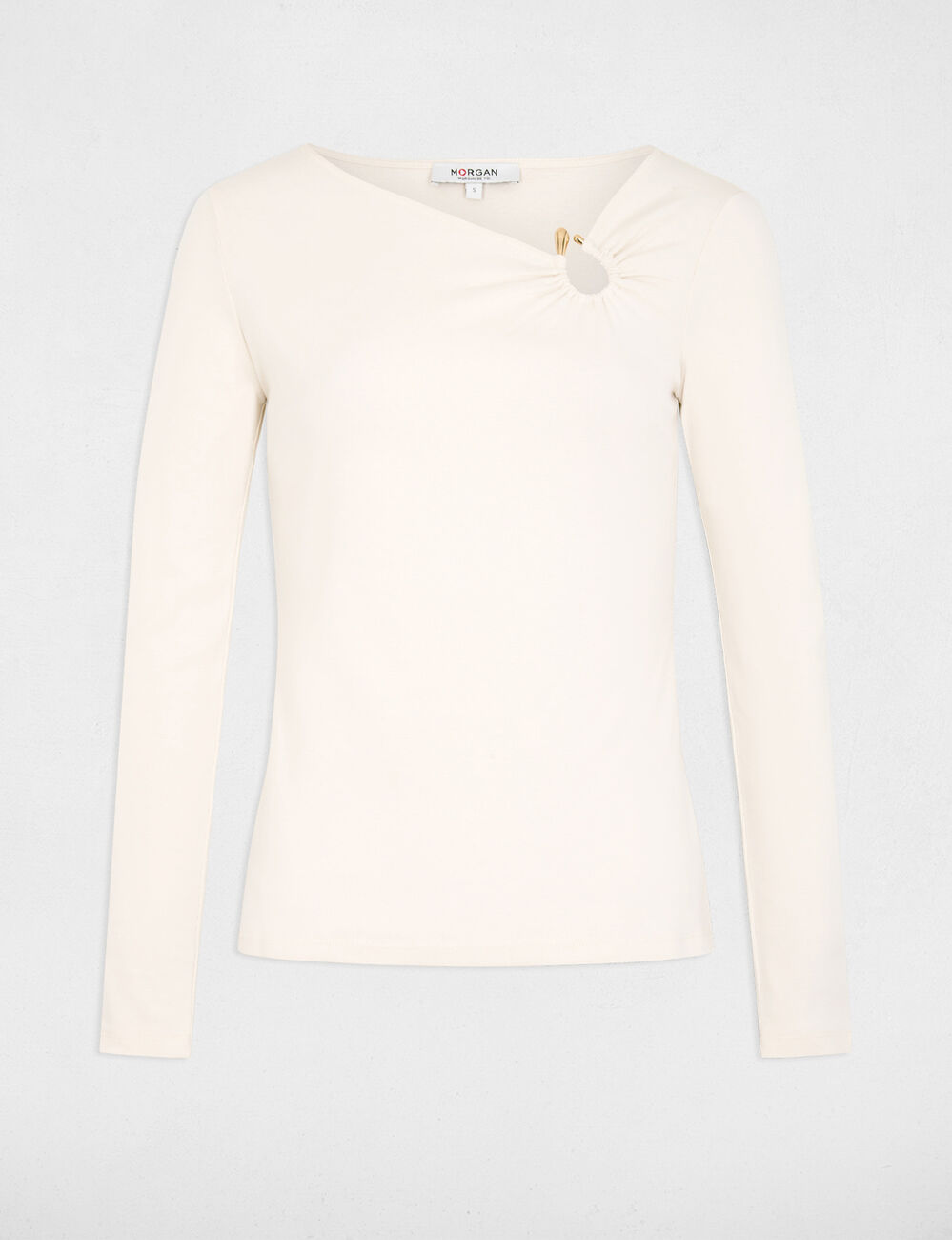 Camiseta escote manga larga marfil mujer