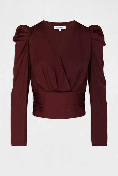 Blusa manga larga con escote cruzado ciruela mujer