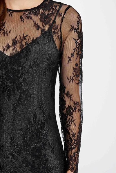 Vestido largo recto de encaje negro mujer