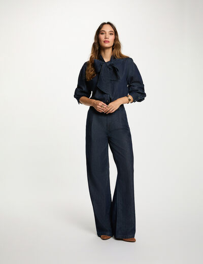 Pantal&oacute;n ancho de tiro alto denim crudo mujer