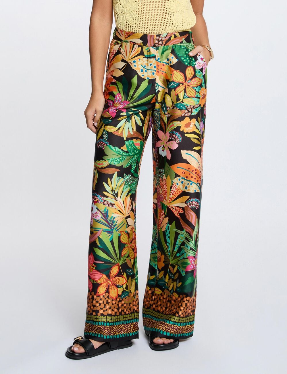 Pantal&oacute;n ancho satinado negro mujer