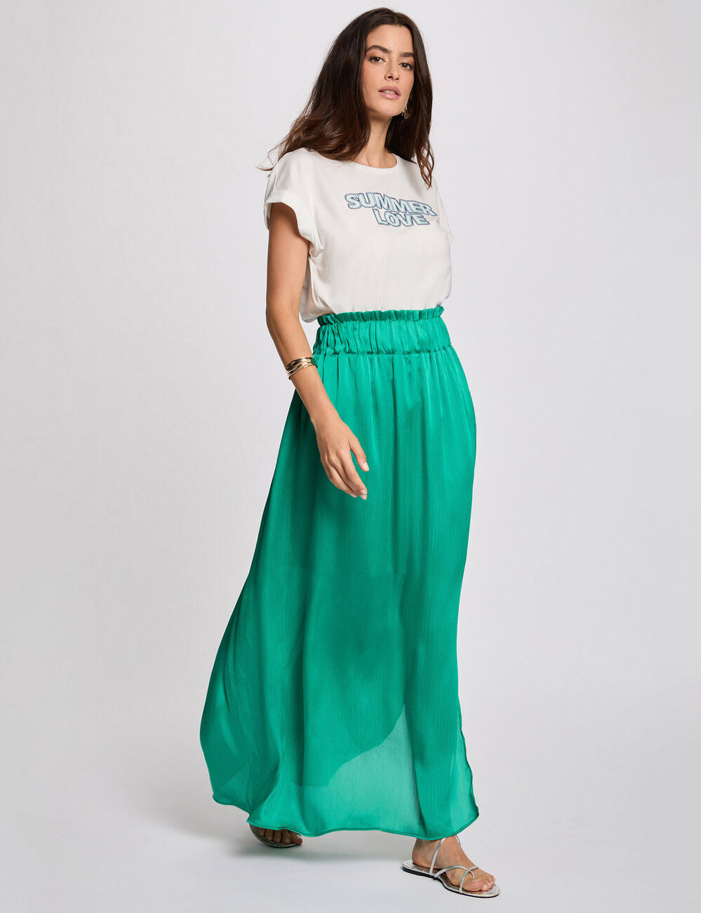 Falda larga satinada verde mujer