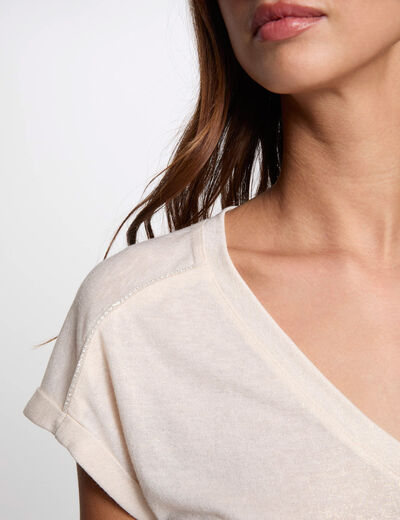 Camiseta manga corta strass marfil mujer