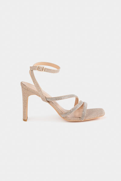 Sandalias de tacón con lentejuelas beige mujer
