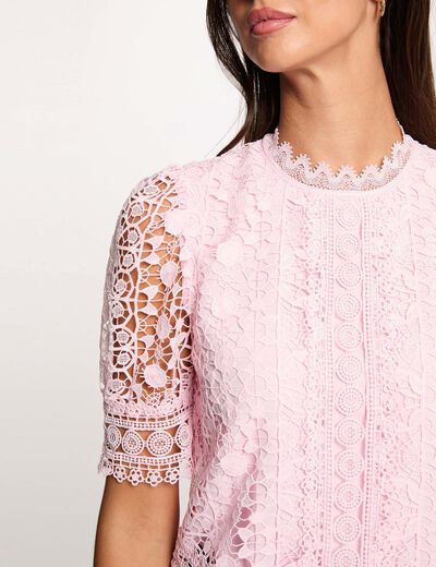 Blusa manga corta con encaje rosa mujer